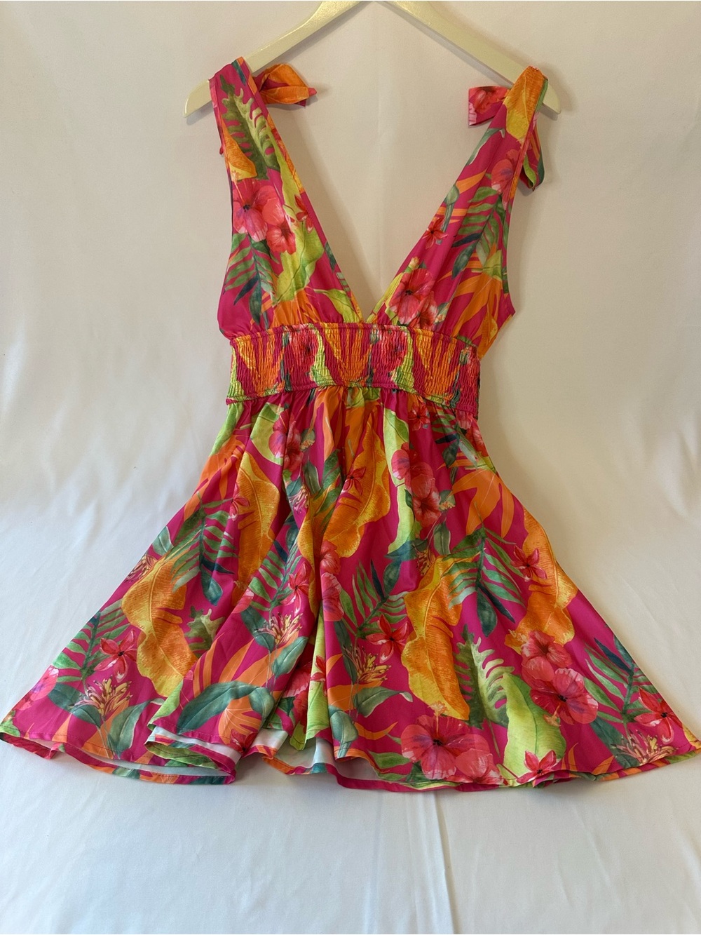 Tropical Floral Tie-Shoulder Sundress - Pink & Orange